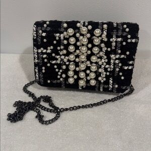 NWOT Chicos Elegant Black and White Tweed Pearl-Embellished crossbody Bag